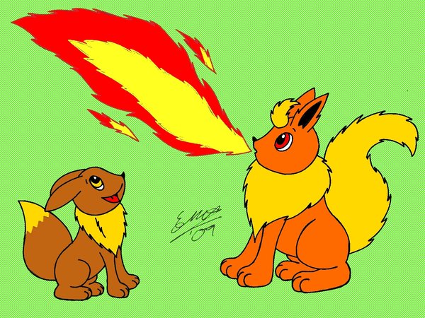 ambiguous_gender duo eevee eeveelution feral fire fire_breathing flareon green_background marquis2007 nintendo plain_background pok&#233;mon pok&eacute;mon red_eyes side_view video_games yellow_eyes