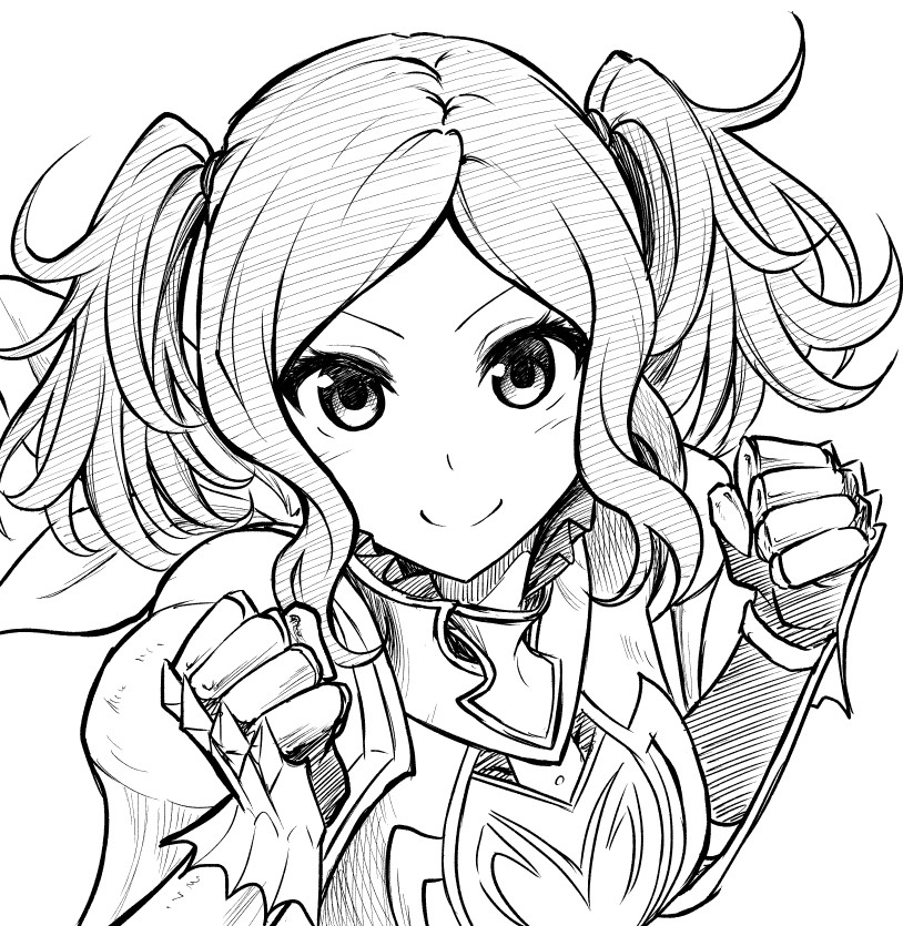 1girl armor breastplate closed_mouth cynthia_(fire_emblem) eyelashes fire_emblem fire_emblem_awakening gauntlets looking_at_viewer monochrome scarf shoulder_armor simple_background smile solo ten_(tenchan_man) twintails upper_body white_background