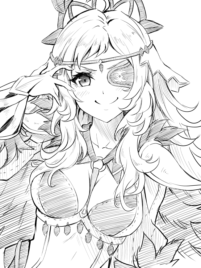 1girl breasts cleavage closed_mouth eyepatch feather_trim fire_emblem fire_emblem_fates fire_emblem_heroes long_hair looking_at_viewer medium_breasts monochrome official_alternate_costume ophelia_(fire_emblem) ophelia_(starlit_maiden)_(fire_emblem) simple_background smile smug solo ten_(tenchan_man) upper_body very_long_hair white_background