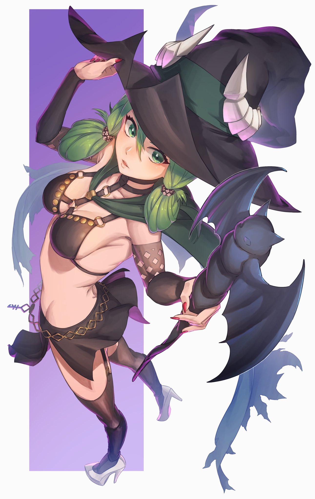 1girl aduti_momoyama breasts cape cleavage cloak fake_horns full_body green_cloak green_eyes green_hair hat high_heels highres horned_headwear horns long_hair looking_at_viewer medium_breasts simple_background skirt solo thighhighs torn_cape torn_clothes unicorn_overlord witch_hat yahna_(unicorn_overlord)
