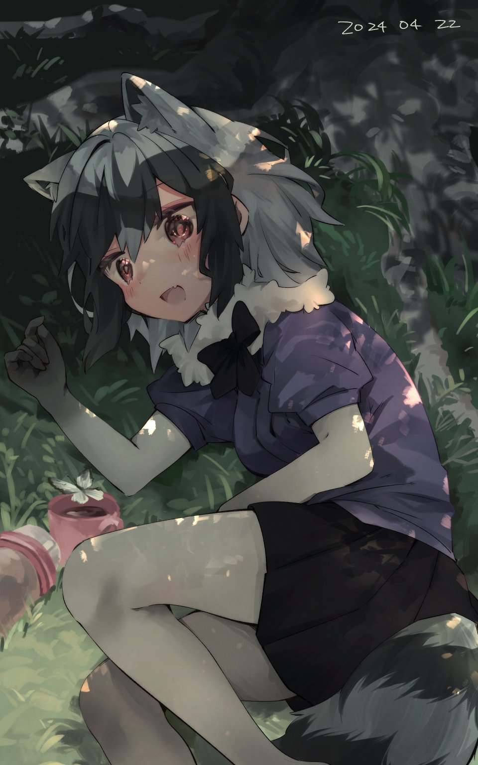 1girl animal_ears black_bow black_bowtie black_hair black_skirt blue_sweater blush bow bowtie common_raccoon_(kemono_friends) elbow_gloves extra_ears fang fur_collar gloves gradient_gloves grass grey_gloves grey_hair hair_between_eyes highres kemono_friends lying multicolored_hair nanana_(nanana_iz) on_side open_mouth orange_eyes pantyhose pleated_skirt puffy_short_sleeves puffy_sleeves raccoon_ears raccoon_girl raccoon_tail short_hair short_sleeves sidelocks skirt solo sweater tail two-tone_hair white_fur white_pantyhose