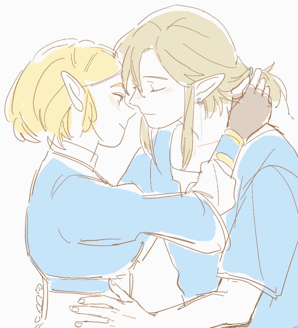 1boy 1girl blonde_hair blue_shirt closed_eyes couple ear_piercing facing_another hand_on_another's_waist hug ije17430 imminent_kiss link piercing pointy_ears ponytail princess_zelda shirt sidelocks simple_background sketch the_legend_of_zelda the_legend_of_zelda:_breath_of_the_wild the_legend_of_zelda:_tears_of_the_kingdom