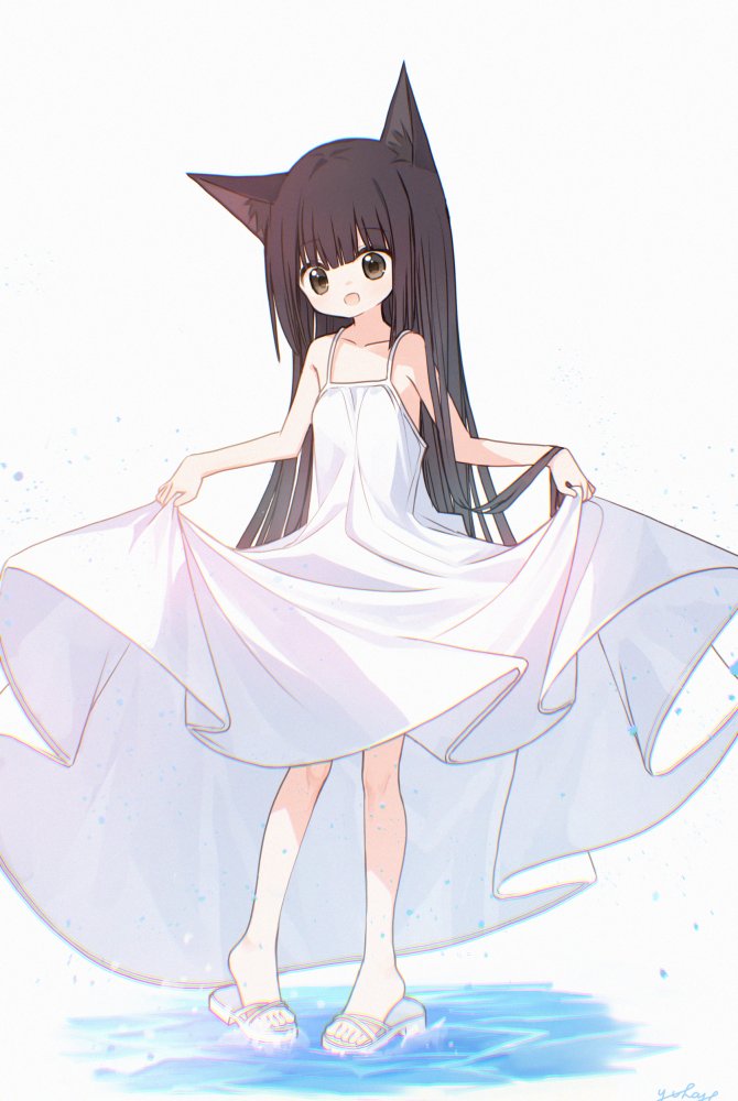 1girl :d bare_arms bare_shoulders black_hair blush brown_eyes collarbone commentary_request dress full_body grey_background long_hair original sandals signature simple_background skirt_hold sleeveless sleeveless_dress smile solo standing very_long_hair water white_dress white_footwear yuuhagi_(amaretto-no-natsu)
