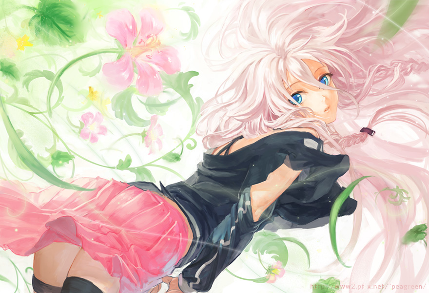 blue_eyes braid casual detached_sleeves floating_hair flower from_behind ia_(vocaloid) leaf long_hair looking_at_viewer looking_back off_shoulder open_mouth parted_lips pink_hair pleated_skirt skirt solo thighhighs twin_braids very_long_hair vocaloid watermark web_address white_hair wind yamakawa_umi zettai_ryouiki