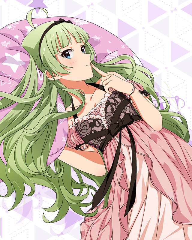 1girl ahoge bare_shoulders black_hairband blue_eyes blunt_bangs bracelet breasts closed_mouth collarbone cowboy_shot detached_sleeves dot_nose eyelashes finger_to_mouth floral_print frilled_negligee frills green_hair hairband halterneck idolmaster idolmaster_million_live! idolmaster_million_live!_theater_days jewelry layered_nightgown light_blush light_smile long_hair looking_at_viewer lying messy_hair official_alternate_costume official_art on_back pillow pink_negligee puffy_detached_sleeves puffy_sleeves ribbon-trimmed_sleeves ribbon_trim rose_print sexy_beautiful_(idolmaster) shimabara_elena sidelocks small_breasts solo very_long_hair