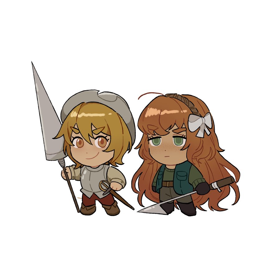 2girls armor ballschingu belt black_footwear black_gloves black_pants blonde_hair bob_cut boots bow brown_footwear don_quijote don_quixote_(project_moon) freckles gloves green_eyes green_jacket green_shirt hair_bow harpoon headband holding holding_polearm holding_weapon ishmael_(project_moon) jacket lance limbus_company long_hair multiple_girls orange_hair pants polearm project_moon red_pants scabbard sheath shirt short_hair simple_background sword wavy_hair weapon white_background yellow_eyes