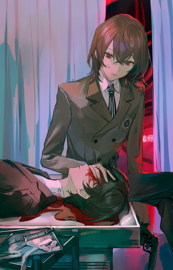 2boys akechi_gorou amamiya_ren black_hair blood blood_on_face brown_hair closed_mouth collared_shirt exit_sign gun hand_over_another's_eyes holding holding_gun holding_weapon jacket long_sleeves lying male_focus multiple_boys necktie on_back pants persona persona_5 red_eyes school_uniform shirt shuanggeng1100 shuujin_academy_school_uniform sitting syringe weapon white_shirt