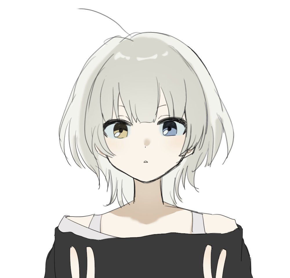 1girl ahoge anon8p bang_dream! bang_dream!_it's_mygo!!!!! black_shirt blue_eyes heterochromia kaname_raana looking_at_viewer medium_hair parted_lips shirt simple_background single_bare_shoulder solo upper_body white_background white_hair wolf_cut yellow_eyes