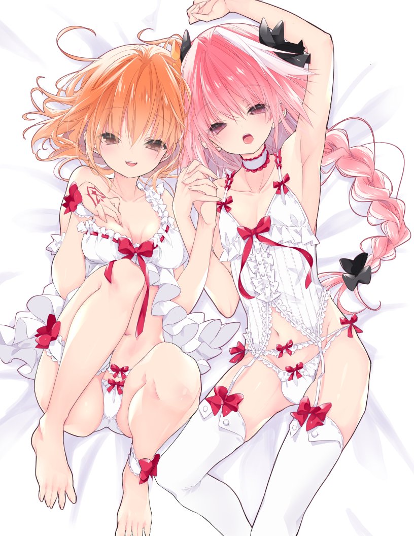 1boy 1girl astolfo_(fate) babydoll barefoot blush bow bow_panties braid breasts command_spell fate/grand_order fate_(series) fujimaru_ritsuka_(female) garter_straps medium_breasts open_mouth orange_hair otoko_no_ko panties pink_hair short_hair smile textless_version thighhighs tsucaco underwear white_panties white_thighhighs