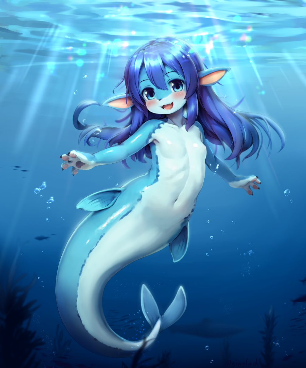 1girl air_bubble blue_eyes blue_hair blue_theme blush breasts bubble caustics claws colored_skin english_commentary erishu_(sinelesh) fangs fewer_digits fins fish furry furry_female highres light_rays long_hair mermaid monster_girl multicolored_skin navel no_nipples ocean open_mouth original pawpads small_breasts solo sunlight twitter_username two-tone_skin underwater