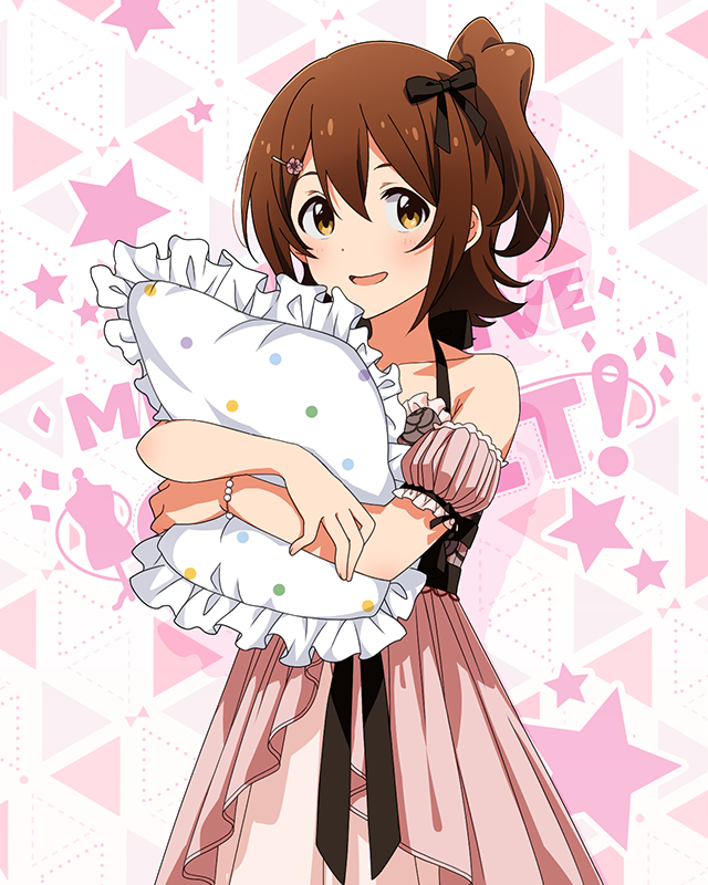 1girl bare_shoulders blush bracelet brown_hair collarbone cowboy_shot detached_sleeves dot_nose double-parted_bangs flipped_hair floral_print flower frilled_negligee frills hair_between_eyes hair_flower hair_ornament hairpin halterneck hugging_object idolmaster idolmaster_million_live! idolmaster_million_live!_theater_days jewelry kasuga_mirai layered_nightgown looking_at_viewer medium_hair official_alternate_costume official_art open_mouth pillow pink_negligee puffy_detached_sleeves puffy_sleeves ribbon-trimmed_sleeves ribbon_trim rose_print sexy_beautiful_(idolmaster) side_ponytail sidelocks smile solo standing yellow_eyes