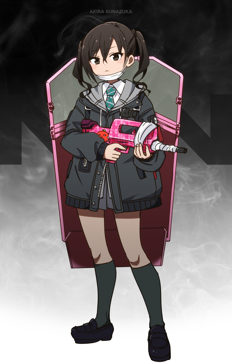 1girl black_footwear black_hair black_jacket blush breasts brown_eyes character_name closed_mouth dot_nose full_body gradient_background green_necktie green_socks grey_background grey_skirt gun hair_between_eyes holding holding_gun holding_weapon idolmaster idolmaster_cinderella_girls idolmaster_cinderella_girls_starlight_stage jacket kidachi loafers long_hair long_sleeves looking_at_viewer mask mask_pull medium_breasts mole mole_under_eye mouth_mask necktie pleated_skirt ringorou_(idolmaster) shirt shoes skirt socks solo standing striped_necktie sunazuka_akira surgical_mask toy_gun twintails weapon white_shirt