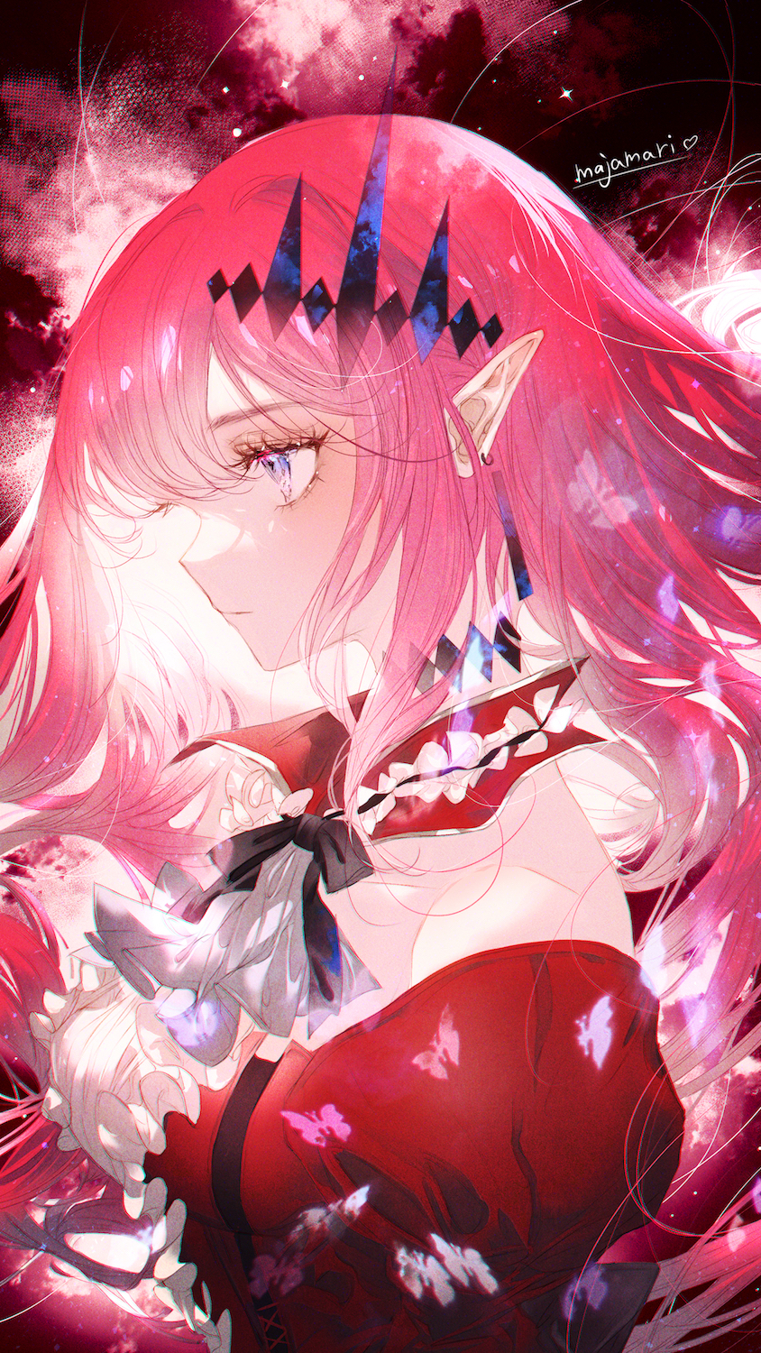 1girl ascot baobhan_sith_(fate) baobhan_sith_(first_ascension)_(fate) black_bow black_bowtie black_choker blue_eyes bow bowtie breasts center_frills choker closed_mouth commentary_request dress earrings fate/grand_order fate_(series) floating_hair frills from_side highres jewelry large_breasts long_hair majamari pointy_ears profile red_dress red_hair revision solo tiara upper_body white_ascot