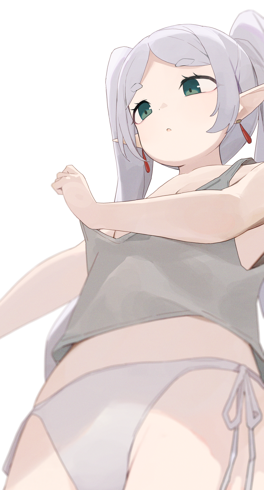 1girl :o camisole elf frieren green_eyes grey_camisole highres hiroki_(yyqw7151) panties pointy_ears side-tie_panties simple_background solo sousou_no_frieren twintails underwear white_background