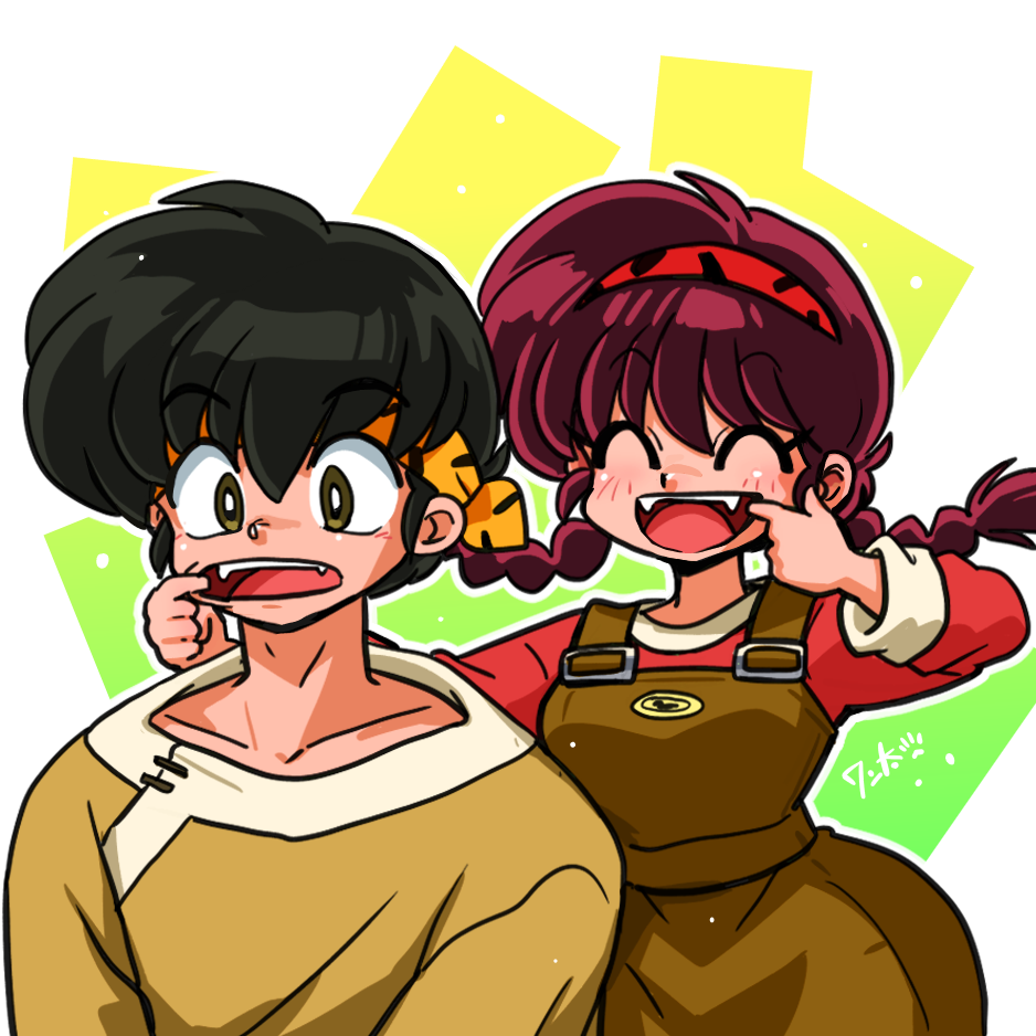 1boy 1girl abstract_background black_hair blue_eyes blush braid braided_ponytail breasts brother_and_sister brown_overalls closed_eyes confused disguise fangs finger_in_another's_mouth finger_in_own_mouth genderswap genderswap_(mtf) headband hibiki_yoiko long_sleeves medium_breasts medium_hair multicolored_squares_background open_mouth overalls ranma-chan ranma_1/2 red_hair red_headband red_shirt saotome_ranma shirt short_hair siblings signature smile striped_headband wanta_(futoshi) yellow_eyes yellow_headband yellow_shirt