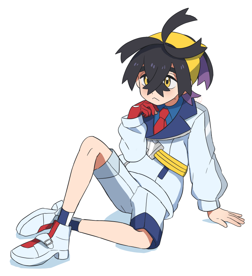 1boy :&lt; arm_support black_hair buckle closed_mouth colored_inner_hair commentary_request crossed_bangs full_body gloves hair_between_eyes hairband hand_up head_rest jacket kieran_(pokemon) long_sleeves male_focus multicolored_hair orange_(orangelv20) pokemon pokemon_sv red_gloves shoes shorts single_glove sitting socks solo strap white_footwear white_jacket white_shorts yellow_eyes yellow_hairband