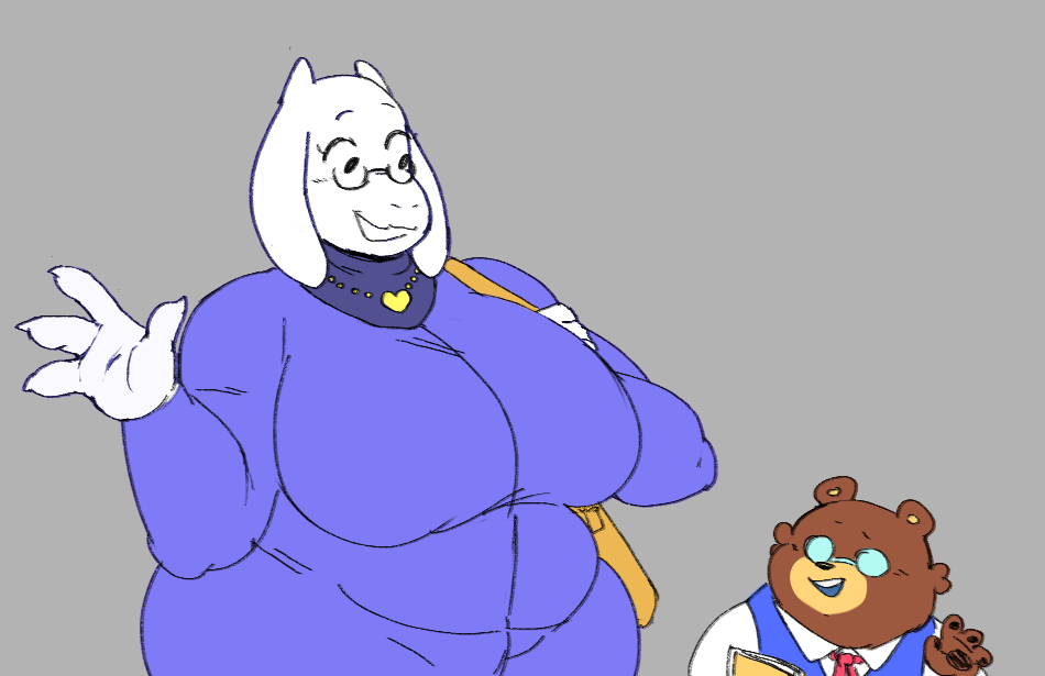 age_difference alien anthro bear belly big_breasts bovid breasts caprine deltarune duo eyewear female glasses goat huge_breasts male mammal mature_female monster nerd older_female olozva original_character overweight overweight_female size_difference slightly_chubby smaller_male toriel undertale_(series) wan_(olozva)