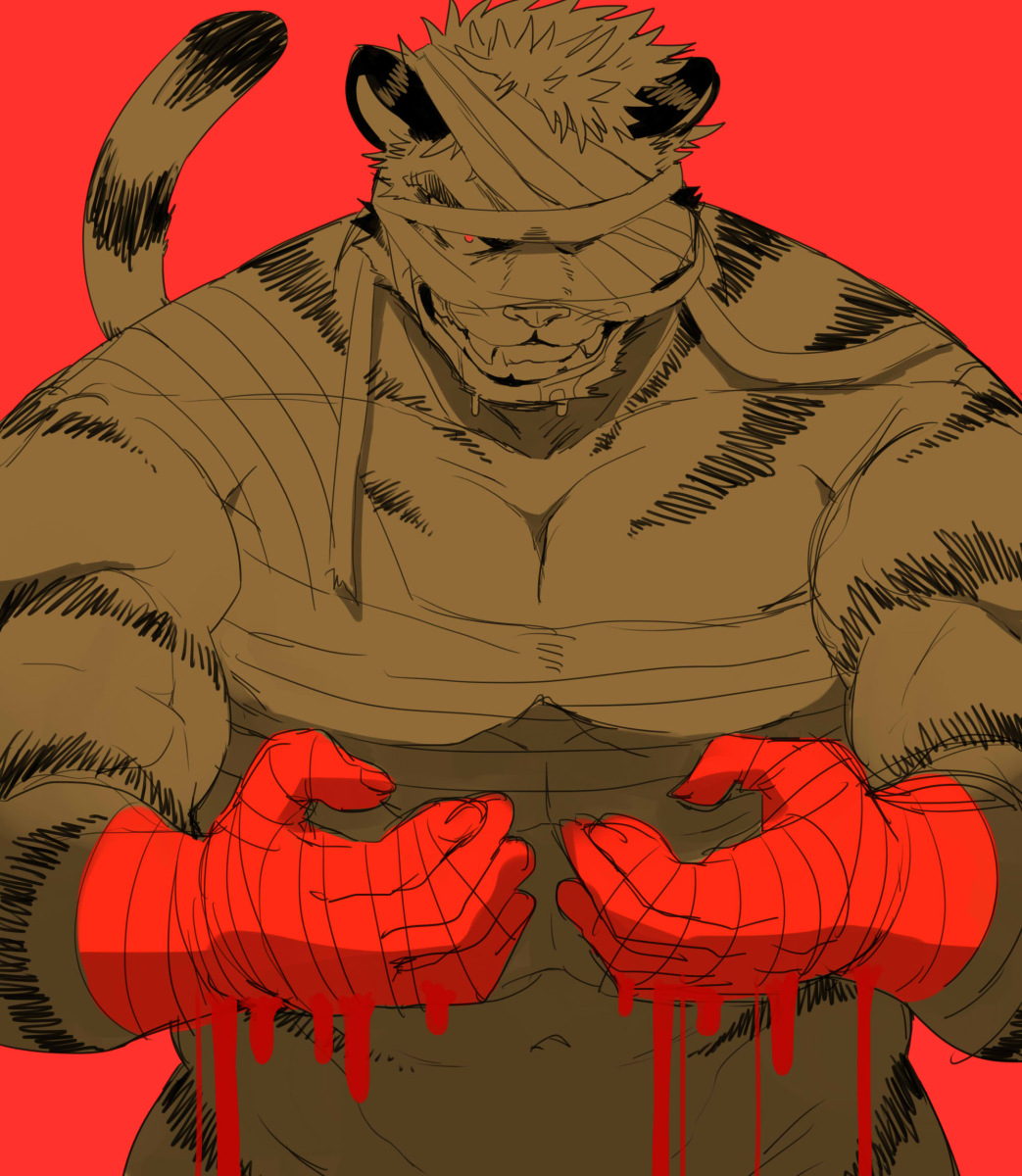 1boy animal_ears bandage_over_one_eye bara blood blood_on_hands collarbone furry furry_male grin highres large_pectorals male_focus muscular muscular_male nomad_(housamo) one_eye_covered pectorals red_background red_eyes saliva short_hair simple_background smile solo spot_color sumi_wo_hakuneko tail tiger_ears tiger_tail tokyo_afterschool_summoners