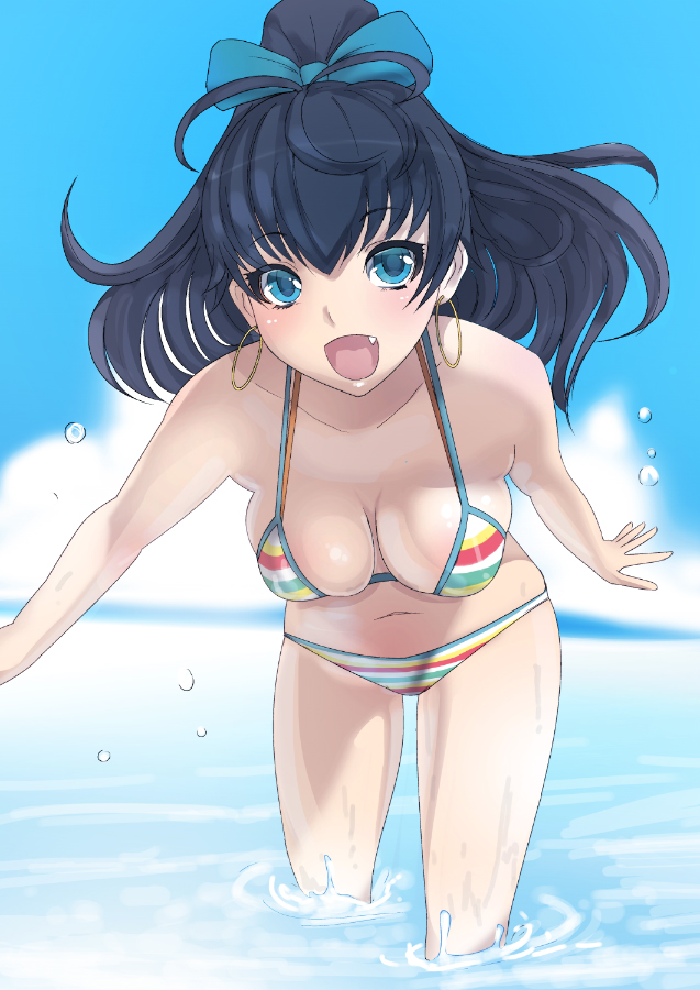 :d bikini black_hair blue_eyes breasts cleavage cloud day earrings fang ganaha_hibiki hair_ribbon high_ponytail hoop_earrings idolmaster idolmaster_(classic) jewelry leaning_forward long_hair looking_at_viewer medium_breasts miyamoto_issa multicolored multicolored_stripes navel open_mouth ponytail ribbon skindentation sky smile solo striped striped_bikini swimsuit wading water