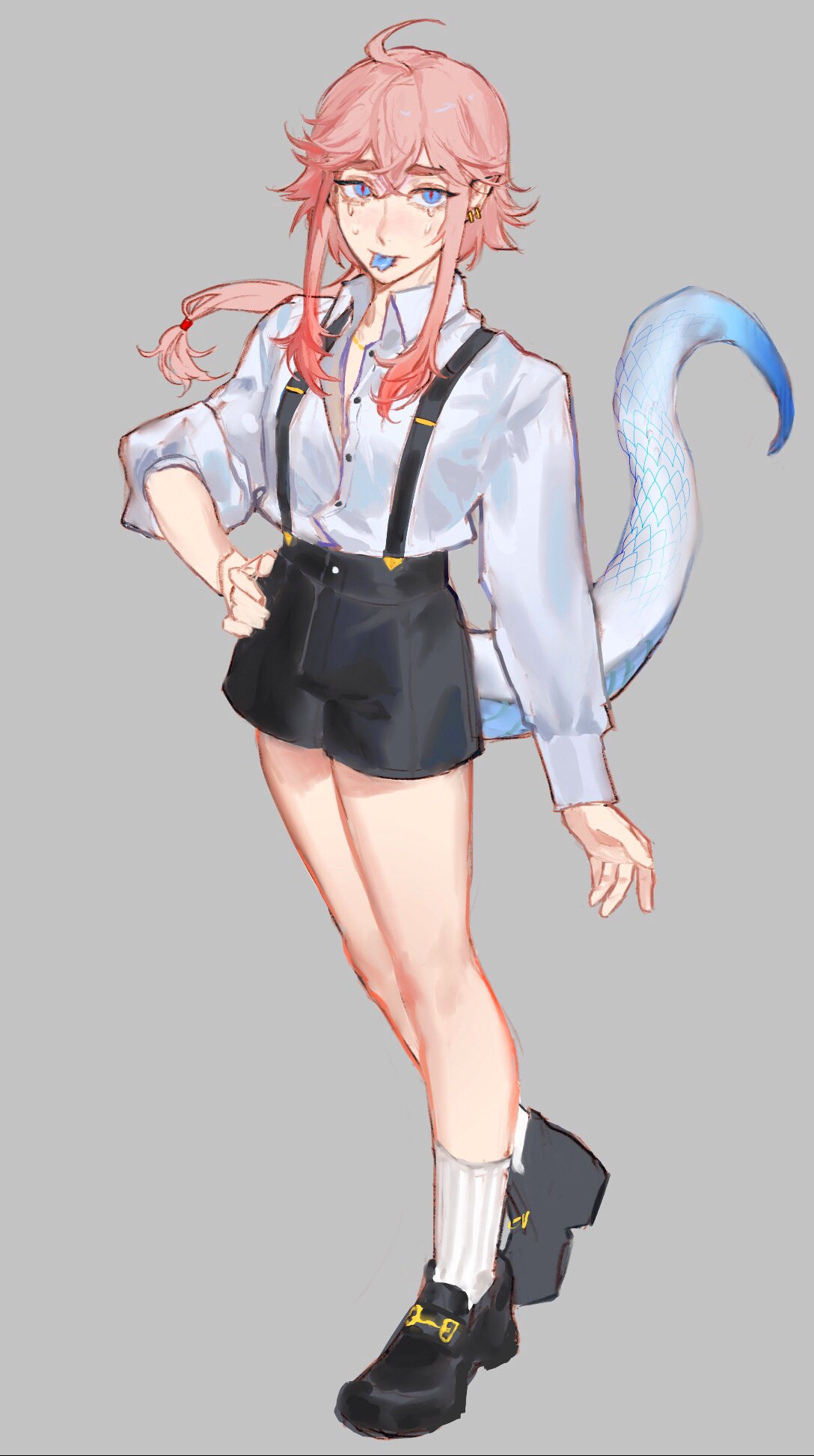 1girl :p ahoge black_footwear black_shorts blue_tongue collared_shirt colored_tongue earrings floating_hair forked_tongue grey_background grey_shirt heki_(keibleh) highres jewelry keibleh original pink_hair pointy_ears ponytail shirt shoes shorts sidelocks simple_background snake_tail socks solo suspender_shorts suspenders tail tongue tongue_out white_socks wing_collar