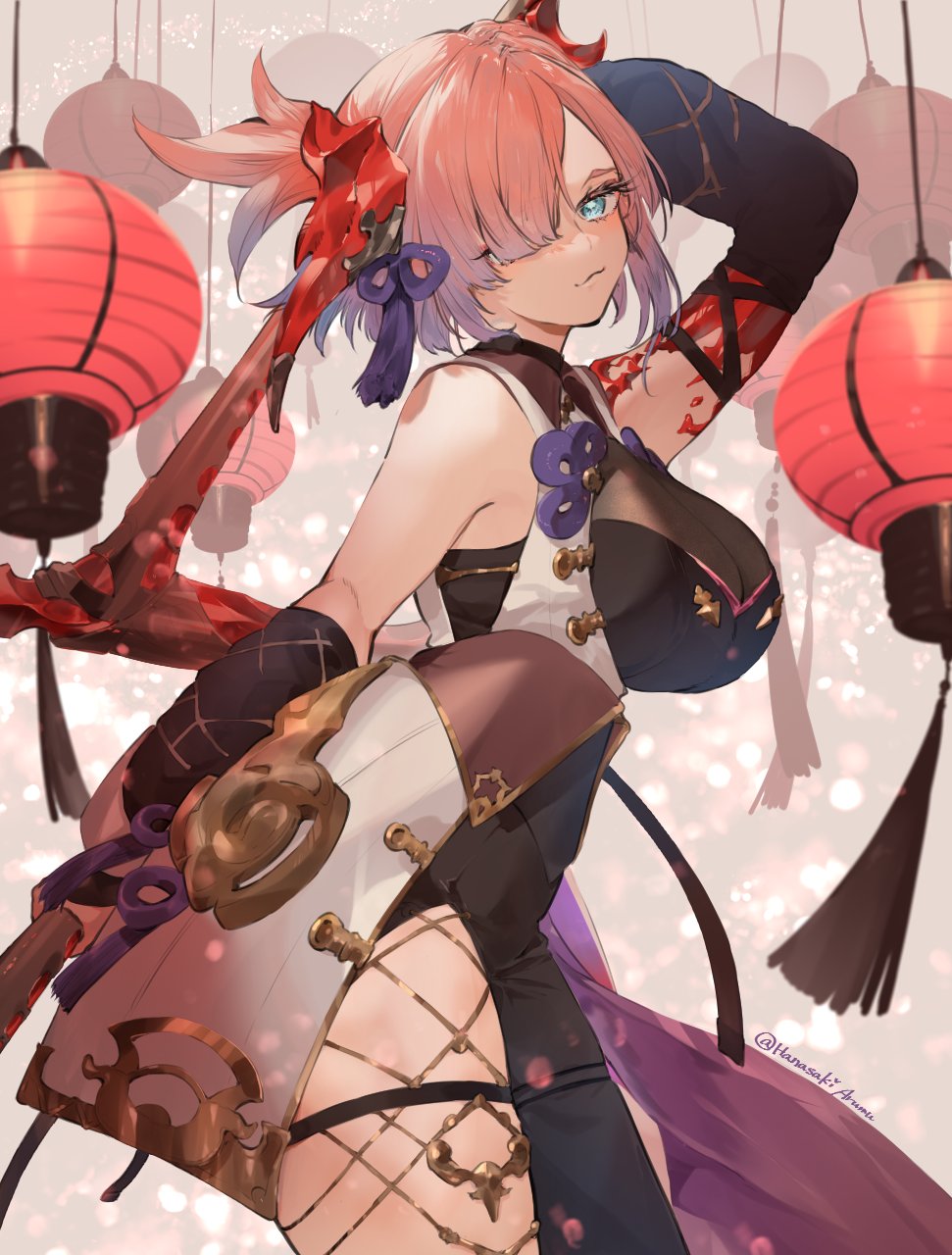 1girl arumu asymmetrical_bangs asymmetrical_clothes axe black_bodysuit blue_eyes bodysuit breasts chichiri cleavage coat detached_sleeves fishnets granblue_fantasy hair_ornament hair_over_one_eye highres holding holding_axe horns lantern large_breasts paper_lantern red_hair sidelocks single_pantsleg solo tassel tassel_hair_ornament thigh_strap white_coat