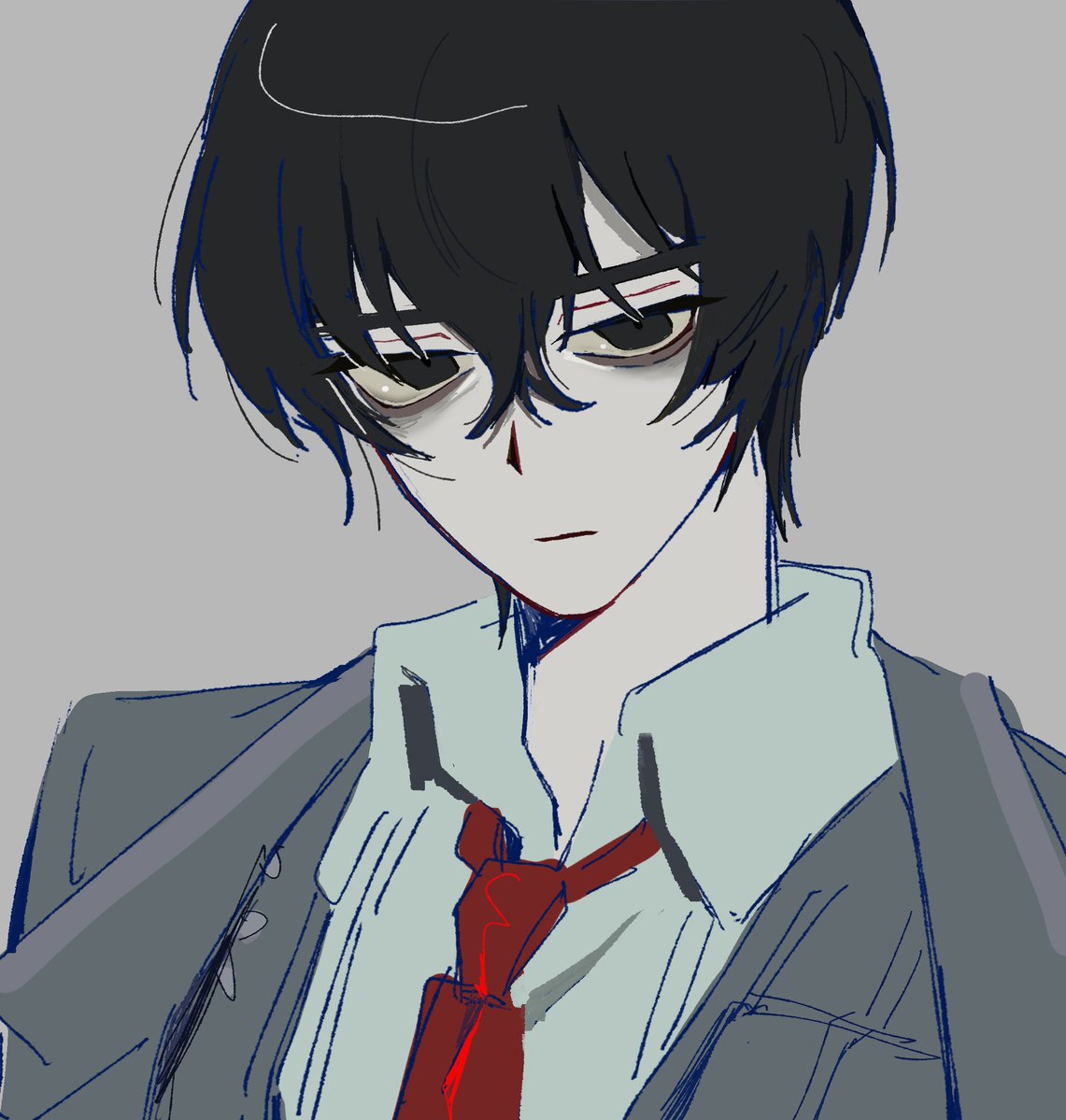 1boy bags_under_eyes black_coat black_eyes black_hair black_vest closed_mouth coat collared_shirt grey_background limbus_company necktie official_art portrait project_moon red_necktie shirt simple_background solo vellmori vest white_shirt yi_sang_(project_moon)