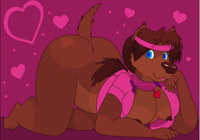 anthro arinel blue_eyes breasts brown_hair canine chubby collar dog female hair looking_at_viewer mammal nipples nude pink_background pink_theme plain_background solo the