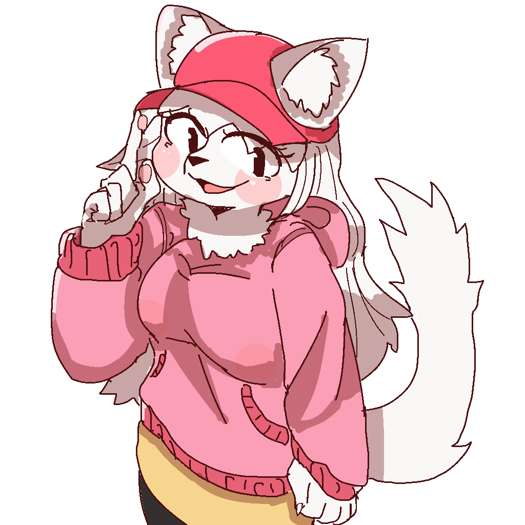 1:1 2021 5_fingers anthro blush breasts canid canine clothing eye_through_hair eyebrow_through_hair eyebrows female female_anthro fingers fox fur hair hoodie inner_ear_fluff long_hair looking_at_viewer mammal medium_breasts neck_tuft open_mouth open_smile pink_clothing pink_hoodie pink_topwear simple_background smile solo standing tofffffu topwear translucent translucent_hair tuft white_background white_body white_fur white_hair