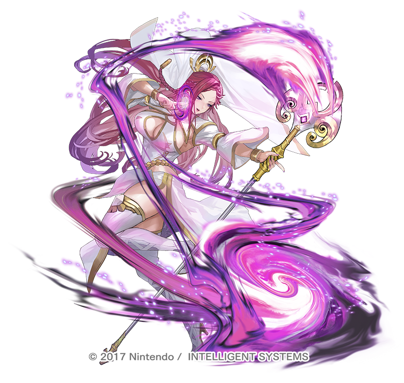 1girl bare_shoulders braid breasts cleavage curvy earrings fire_emblem fire_emblem_heroes full_body holding holding_staff jewelry large_breasts loki_(fire_emblem) long_hair looking_at_viewer maeshima_shigeki mage_staff magic official_alternate_costume official_art purple_eyes purple_hair smile staff thighhighs thighs veil