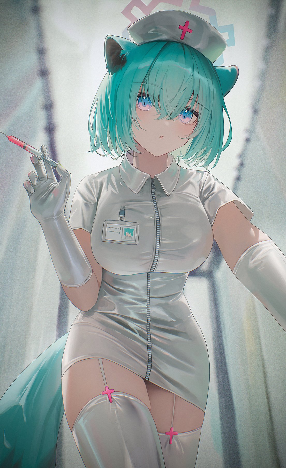 1girl animal_ears aqua_hair blue_archive blue_eyes blurry blurry_background breasts collared_dress dress flippy_(cripine111) full-length_zipper garter_straps gloves hair_between_eyes halo hat highres holding indoors large_breasts latex latex_gloves looking_at_viewer nurse nurse_cap parted_lips shigure_(blue_archive) short_sleeves solo syringe tail thighhighs thighs weasel_ears weasel_girl weasel_tail white_dress white_gloves zipper