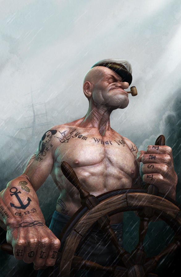 bald hat human lee_romao male not_furry popeye realistic smoking_pipe steering_wheel storm tattoo topless