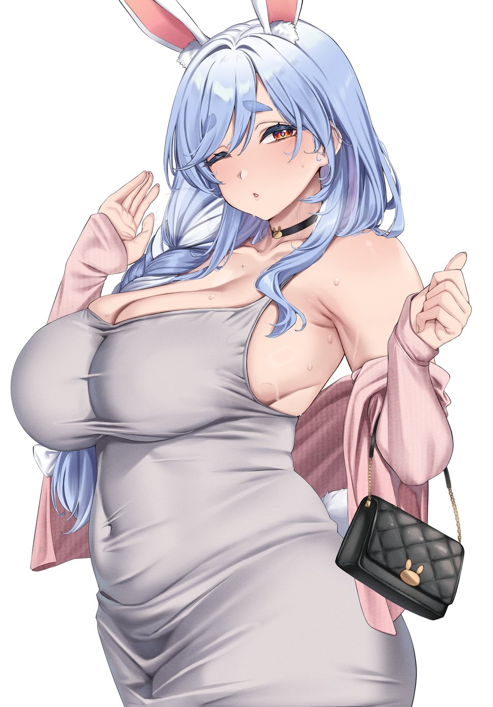 1girl animal_ear_fluff animal_ears armpits bare_shoulders blue_hair blush braid breasts highres hololive large_breasts long_hair looking_at_viewer mature_female moisture_(chichi) multicolored_hair pekomama plump rabbit_ears rabbit_girl short_eyebrows solo thick_eyebrows upper_body virtual_youtuber white_hair