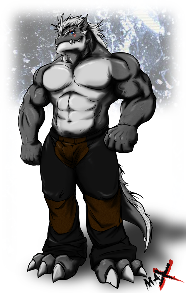 abs biceps big_muscles blue_eyes buff claws clothed clothing dragon fangs fur hair half-dressed looking_at_viewer male muscles pants paws pecs scalie scar solo timberwolfmax toe_claws topless vein white_fur white_hair