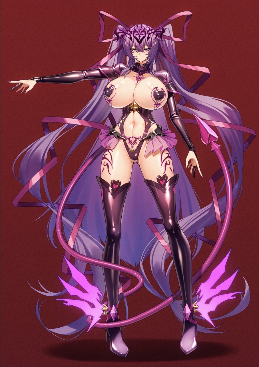 1girl blush body_markings breasts clothing_cutout cluseller covered_nipples demon_tail gloves hair_between_eyes high_heels highres huge_breasts large_breasts long_hair long_sleeves looking_at_viewer navel navel_cutout original partially_fingerless_gloves pasties pubic_tattoo purple_hair red_background revealing_clothes simple_background solo tail tattoo thighhighs twintails very_long_hair