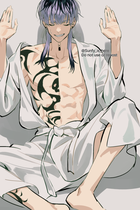 1boy abs bathrobe chest_tattoo clenched_teeth closed_eyes collarbone commentary_request ear_piercing english_text feet_out_of_frame forced_smile haitani_rindou hands_up head_down knees_up korean_commentary leg_tattoo loose_clothes male_focus multicolored_hair neck_tattoo on_floor open_clothes piercing purple_hair shoulder_tattoo simple_background sitting solo spread_legs streaked_hair sweatdrop tattoo teeth tokyo_revengers toned toned_male white_background white_bathrobe yoursunfy