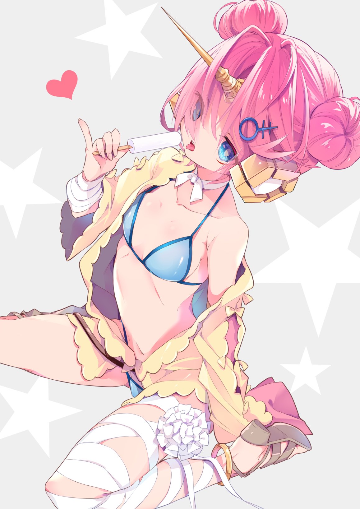 1girl bandaged_arm bandaged_leg bandages bikini blue_bikini blue_eyes breasts double_bun fate/grand_order fate_(series) food frankenstein's_monster_(fate) frankenstein's_monster_(swimsuit_saber)_(fate) hair_bun heart highres horns jacket looking_at_viewer mechanical_horns open_clothes open_jacket pink_hair popsicle single_horn small_breasts solo swimsuit tongue tongue_out tsucaco