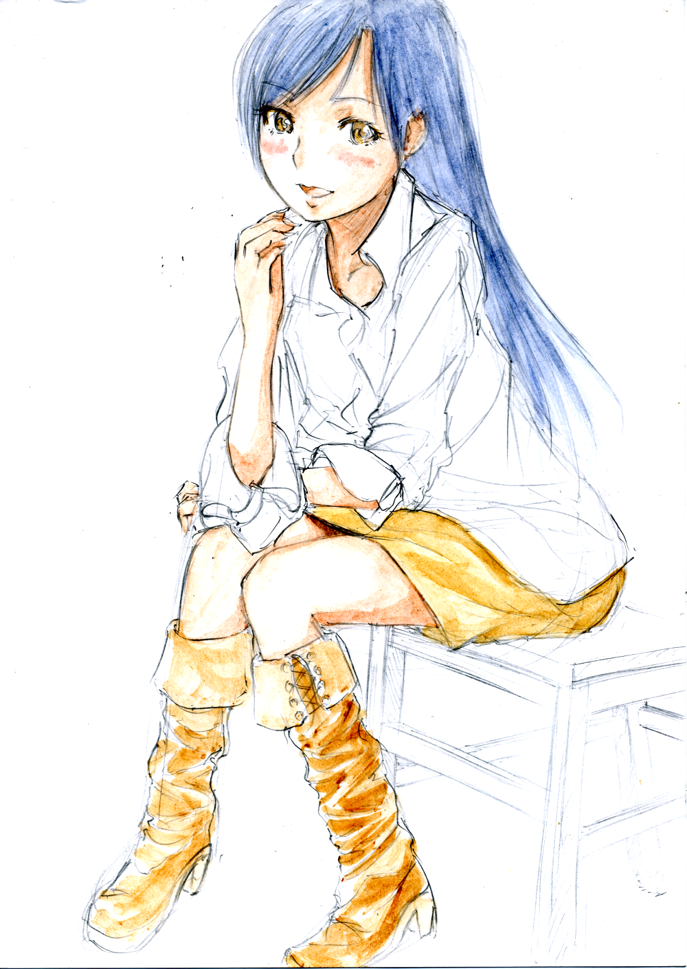 blue_hair boots brown_eyes highres ice2002 idolmaster idolmaster_(classic) kisaragi_chihaya long_hair sitting sleeves_rolled_up smile solo traditional_media
