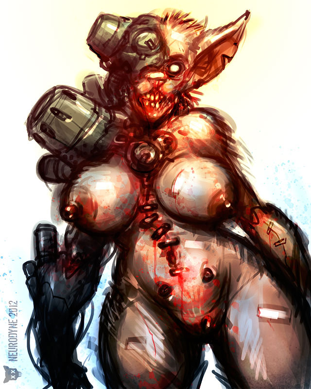 anthro armor big_breasts big_thighs breasts cat dead feline female future horror huge_breasts invalid_tag looking_at_viewer machine mammal mechanical neurodyne nightmare_fuel plain_background robot sci-fi scifi solo thick_thighs