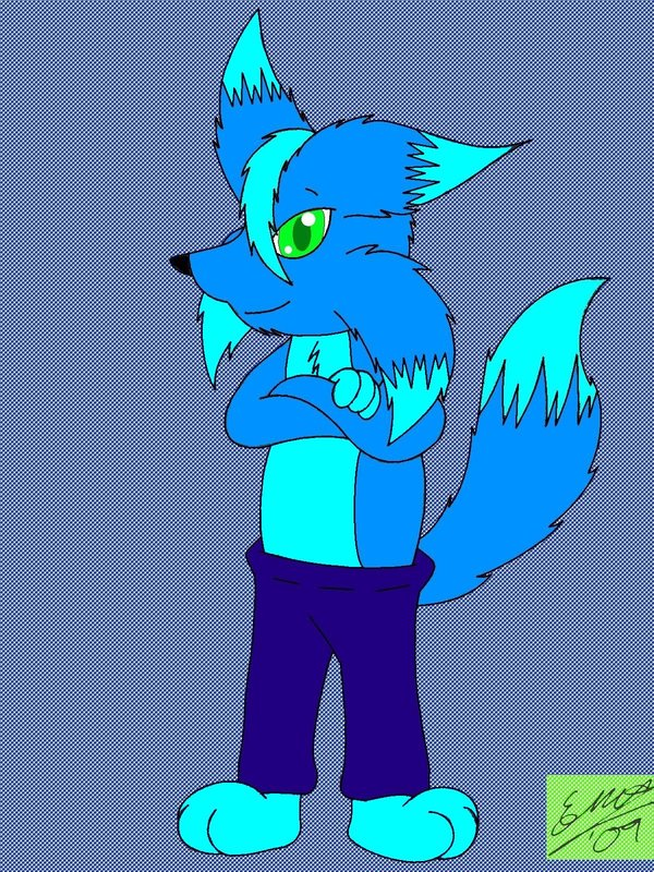 2009 ambiguous_gender blue_fur canine clothed clothing fur green_eyes half-dressed looking_at_viewer mammal marquis2007 pants plain_background swift_(characters) topless wolf