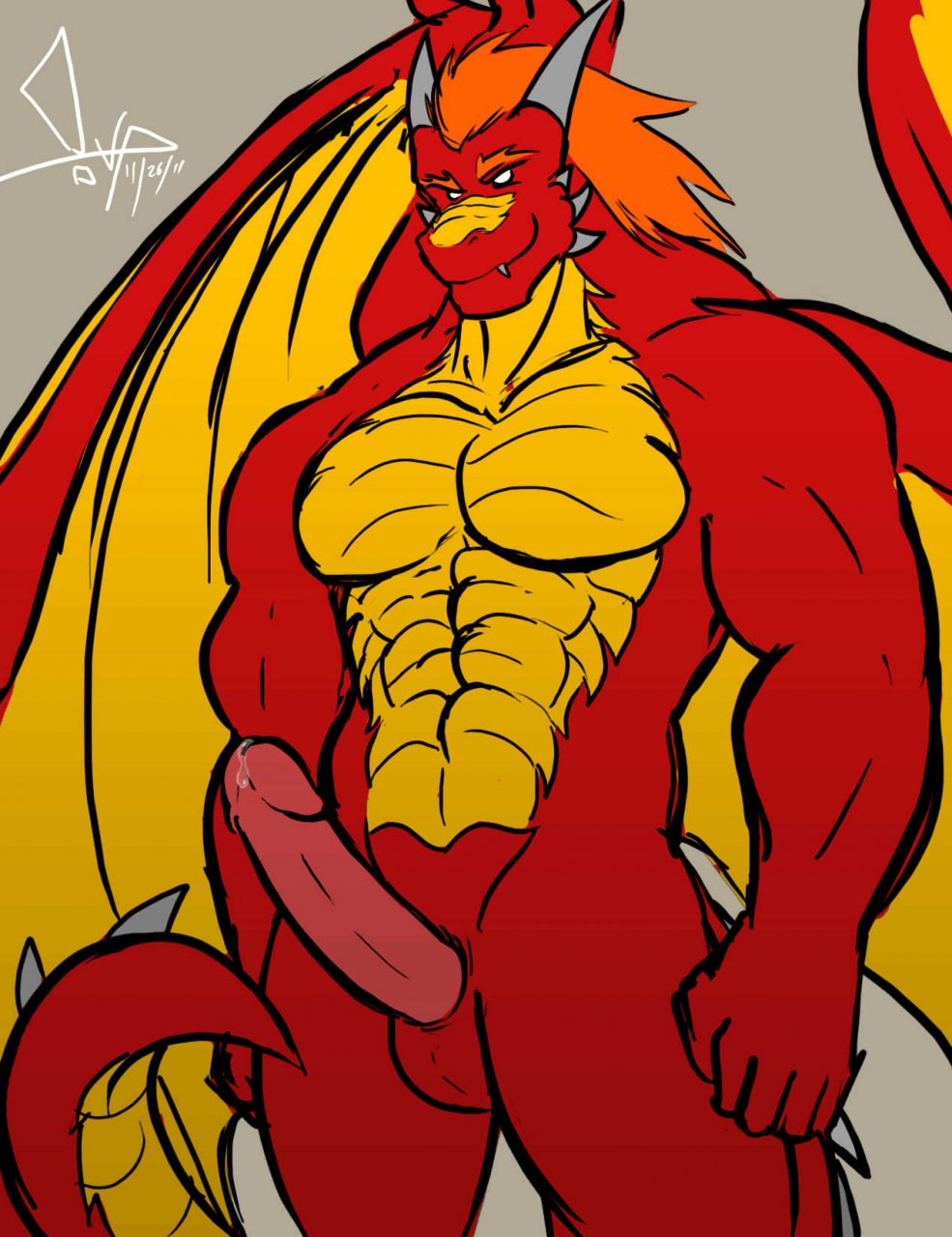 abs anthro balls beefy bgn biceps big big_muscles big_penis circumcised claws dracos dragon dripping erection fangs hair horn leaking looking_at_viewer male muscles nude orange_hair pecs penis plain_background pose precum red_body red_dragon red_scales scales scalie sheath solo standing thick_penis uncut white_eyes wings