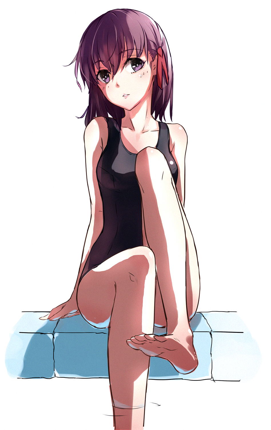 barefoot blush breasts fate/stay_night fate_(series) feet hair_ribbon highres legs looking_at_viewer matou_sakura one-piece_swimsuit open_mouth parted_lips phantania purple_eyes purple_hair ribbon school_swimsuit short_hair sitting small_breasts soaking_feet soles solo swimsuit toes water