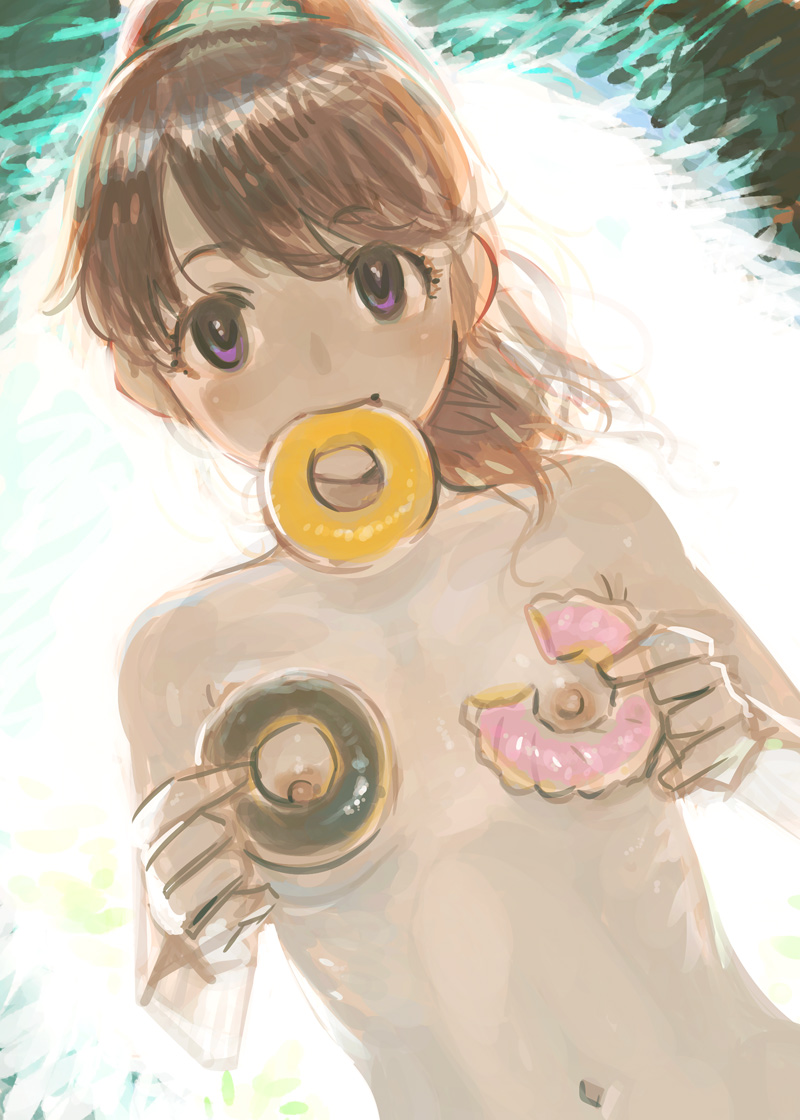 bad_id bad_pixiv_id brown_hair doughnut dutch_angle flat_chest food idolmaster idolmaster_cinderella_girls kaqo looking_at_viewer mouth_hold navel nipples nude out-of-frame_censoring ponytail purple_eyes shiina_noriko solo upper_body