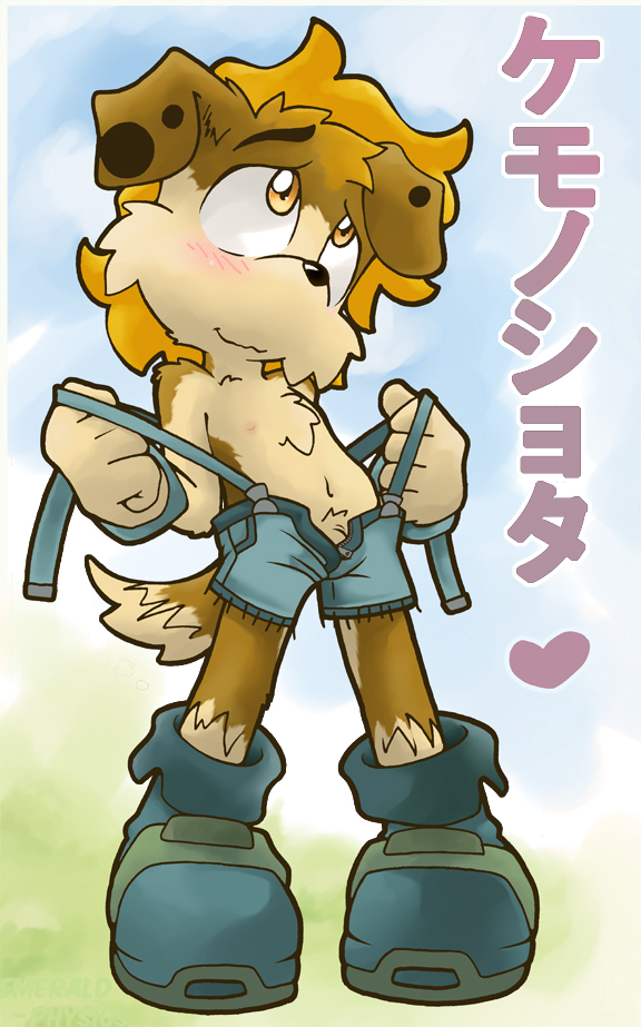 anthro blush canine charlie clothed clothing dog emerald-physics half-dressed japanese_text male mammal penis revealing shorts solo text yellow_eyes