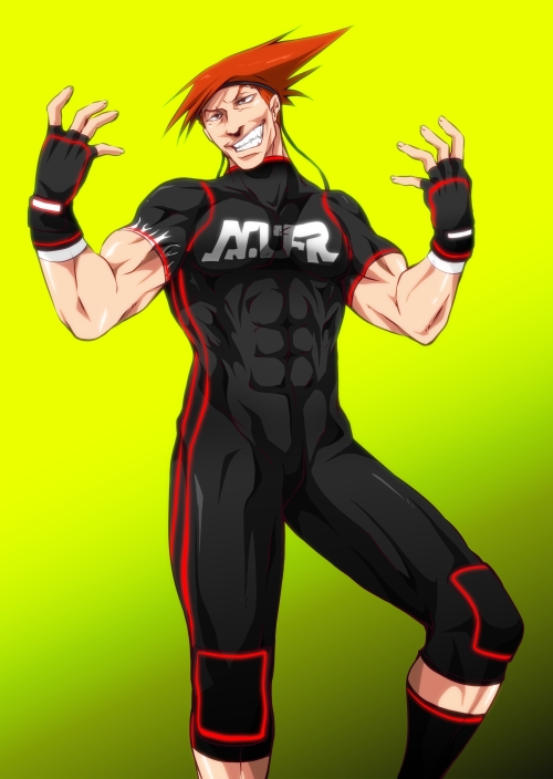 abs adon_(street_fighter) alternate_costume bad_id bad_pixiv_id bodysuit fingerless_gloves gloves gradient gradient_background grin knee_pads male_focus mixed_martial_arts muscle orange_hair pose sasaki_(sid328) smile socks solo spiked_hair street_fighter