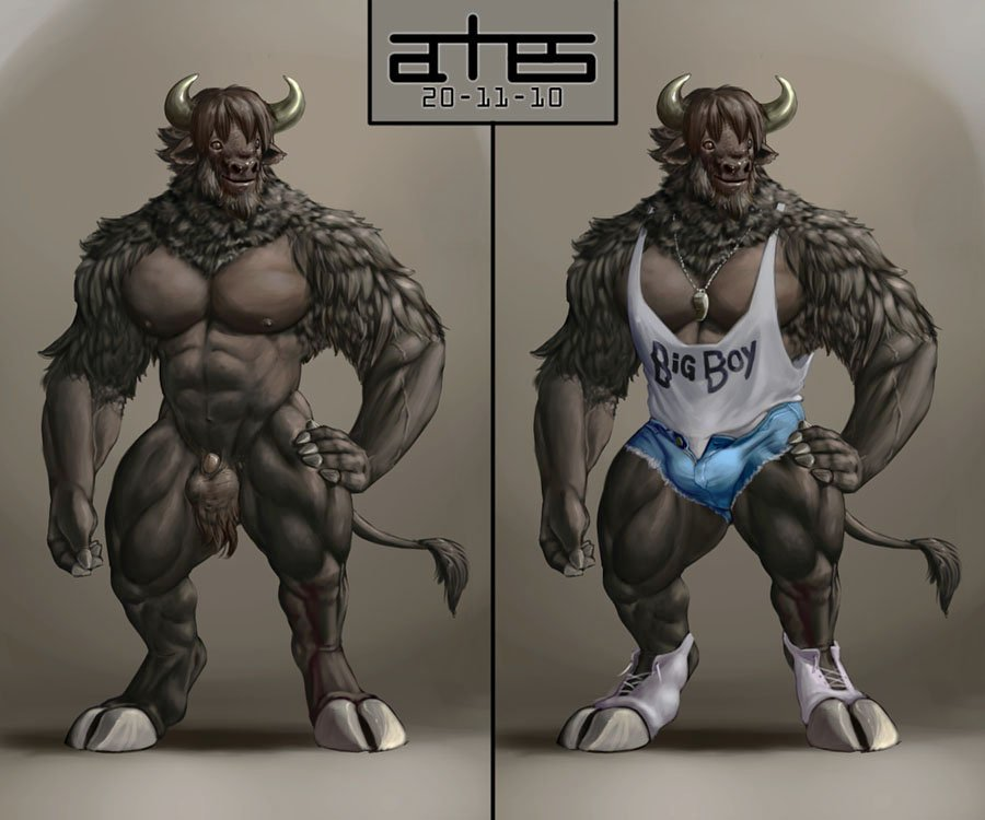 anhes balls bison bovine clothing collar horn male muscles nipples nude pose sheath shirt shorts solo