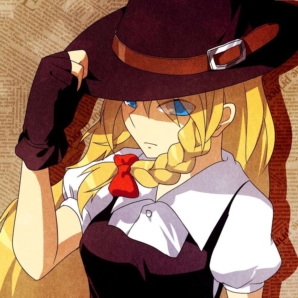 alternate_headwear bad_id bad_pixiv_id blonde_hair blue_eyes bow braid fingerless_gloves gloves hair_bow hand_on_headwear hat kirisame_marisa kozakura_(dictionary) long_hair shirt side_braid solo touhou