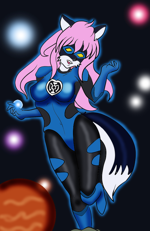 black black_clothing blackwind_zero blue blue_clothing breasts canine cosplay dc_comics female flying fox hair lantern lantern_corps mammal outer outer_space pink_hair power power_ring ring skinsuit solo space stars