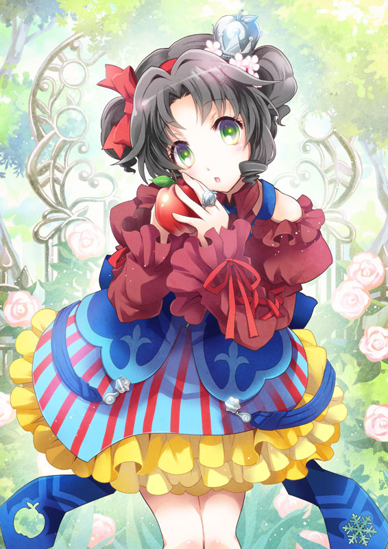 apple bare_shoulders bow dress food frilled_dress frills fruit green_eyes grey_hair hair_bow hat momoiro_taisen_pairon open_mouth original ribbon short_twintails solo twintails yamadori_ofuu