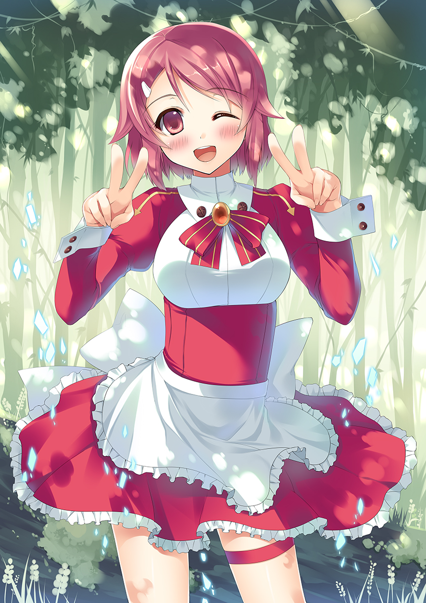;d apron bad_id bad_pixiv_id blush double_v frills juliet_sleeves lisbeth long_sleeves looking_at_viewer one_eye_closed open_mouth pink_eyes pink_hair puffy_sleeves short_hair smile solo sousouman sword_art_online thigh_strap tree v waist_apron