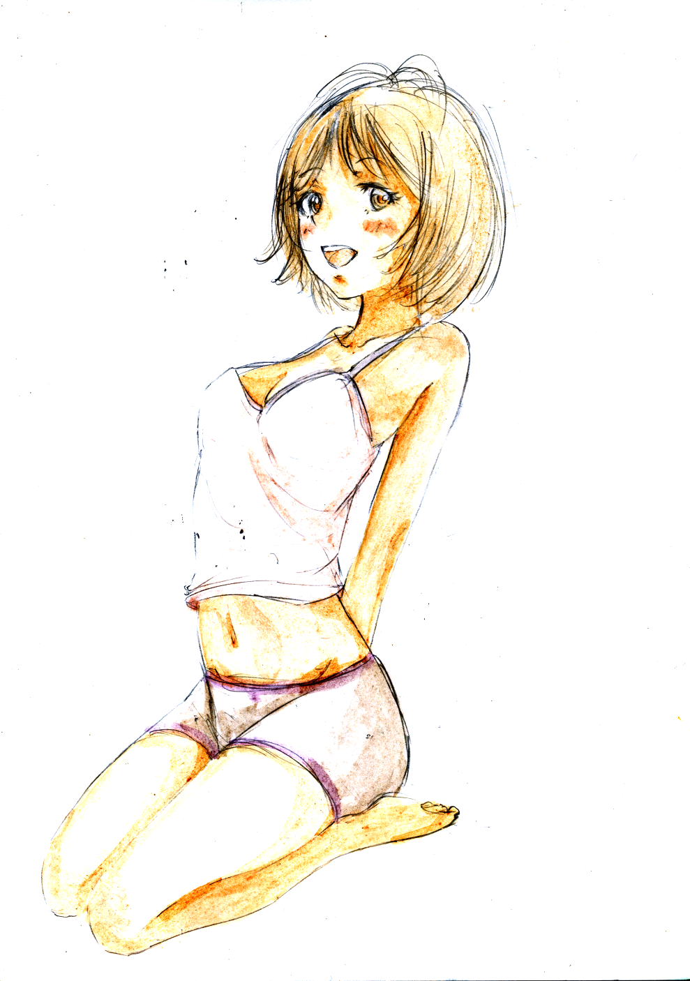 arms_behind_back barefoot blush breasts brown_eyes brown_hair hidaka_ai highres ice2002 idolmaster idolmaster_dearly_stars medium_breasts open_mouth seiza short_hair shorts sitting smile solo traditional_media